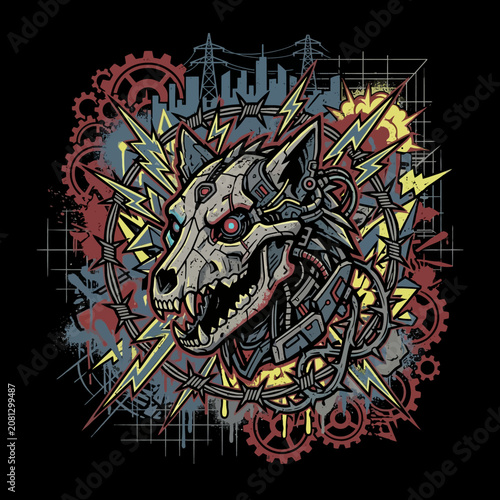 Futuristic cybernetic wolf skull with gears and lightning bolts artwork