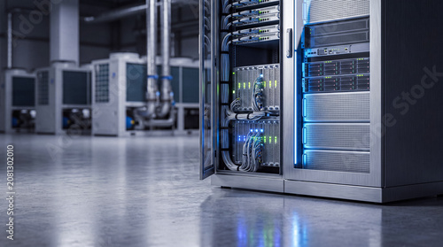Foto Modern data center server racks with cooling units in background
