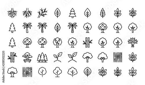 Minimal Tree Line Icon Bundle with Roots Branches Leaves Apple Orange Evergreen Tropical Thin Linear Vector Symbols Editable Stroke Isolated on White Background