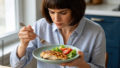 Woman showing disgust while looking at healthy grilled chicken salad plate