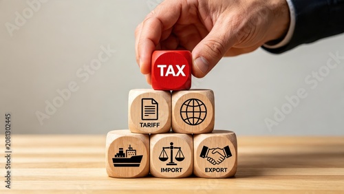 Hand placing tax block on tariff import export wooden cubes, global trade finance concept, international business strategy, customs duty and economic policy planning