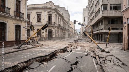 Earthquake ground fissures crossing damaged city street in Venezuela