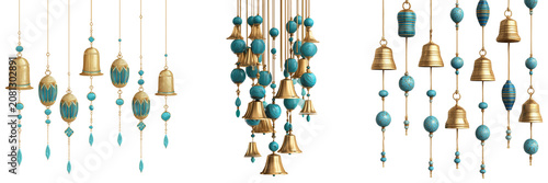 Set of Decorative blue bell garden wind chime featuring polished gold bells on transparent png background. Ai generated