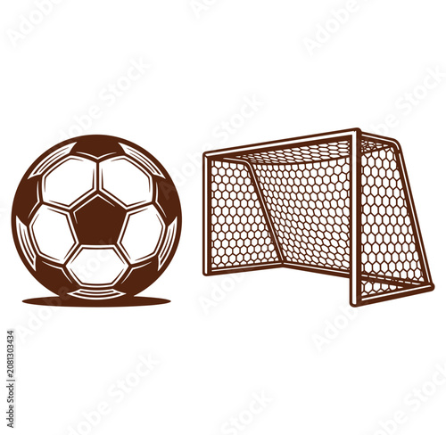 Soccer ball and goal post on white background for sports illustration