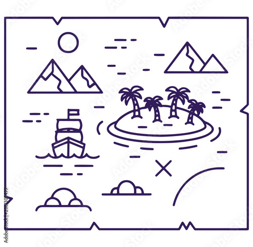 Treasure map with island palm trees ship mountains and sun