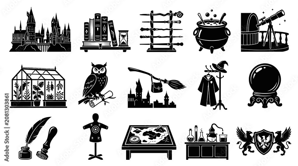 Fototapeta premium Magical School Objects Black White Glyph Icons - Fantasy Elements