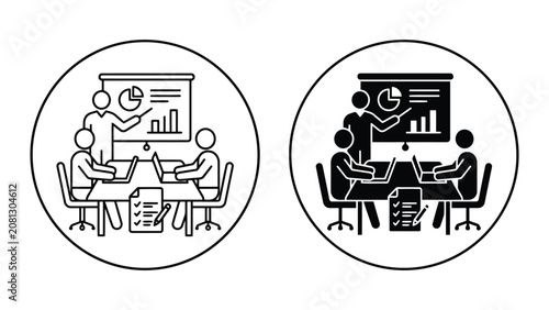 Business performance review and strategic data reporting icons with business
