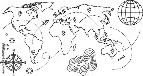 Fotografía World Map and Global Travel Icon Set with Flight Paths, Location Map Pins, Compa