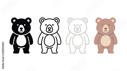 A collection of four stylized teddy bear illustrations showing different visual styles including a solid black icon an outline drawing a grey line art and a colored cartoon character