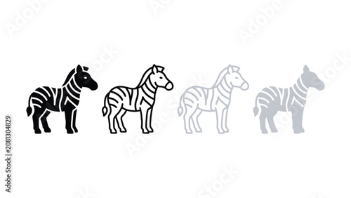 A set of four minimalist zebra icons rendered in solid black outline light gray and solid gray styles representing different icon styles