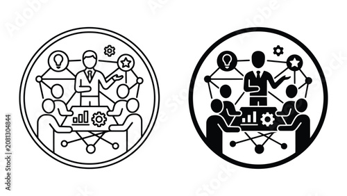 Business team collaboration and strategic planning icon set with business