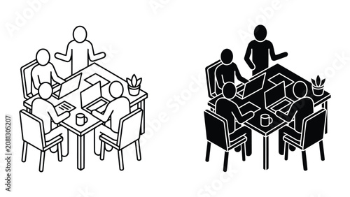 Team office meeting and collaboration icons with collaboration, teamwork