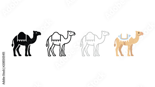 Collection of four camel illustrations in different styles including silhouette line art and flat design on a white background