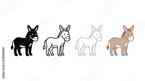 Collection of four cartoon donkeys in different styles and colors showing a silhouette outline and full color illustration