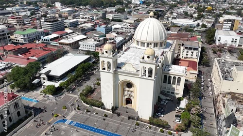 Aerial View of Metropolitan Cathedral of San Salvador Historic Downtown with Urban Revitalization Streets and City Skyline El Salvador