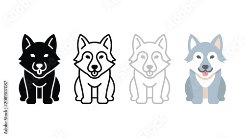 Set of four stylized dog icons depicting different artistic styles including solid black silhouette outline line art and full color illustration