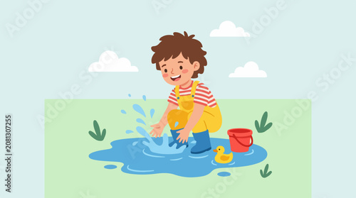 Flat illustration of a small child playing with water.