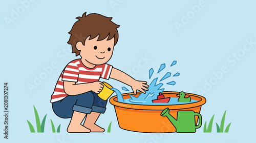 Flat illustration of a small child playing with water.