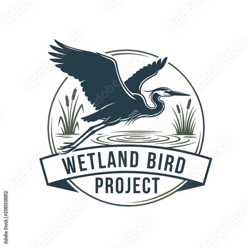 Flying heron logo for wetland bird conservation project.
