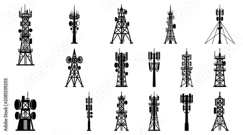 Vector Icons Set of Black  White Communication Tower Silhouettes for Technology