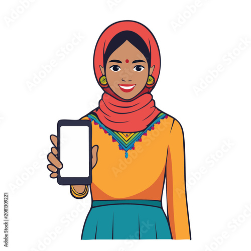 Woman in traditional attire holding smartphone, flat vector
