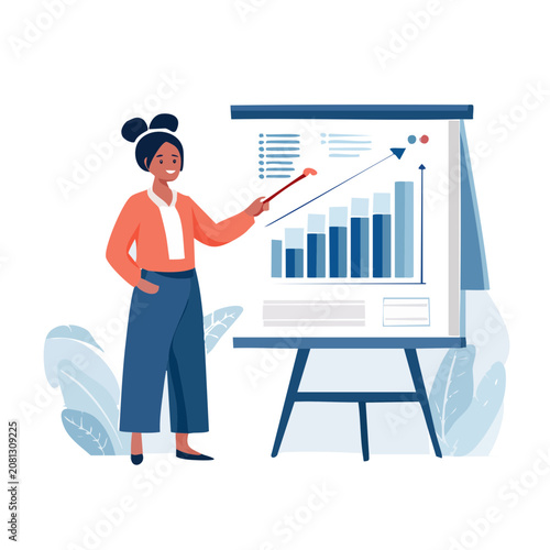 Woman presenting a bar chart on a whiteboard