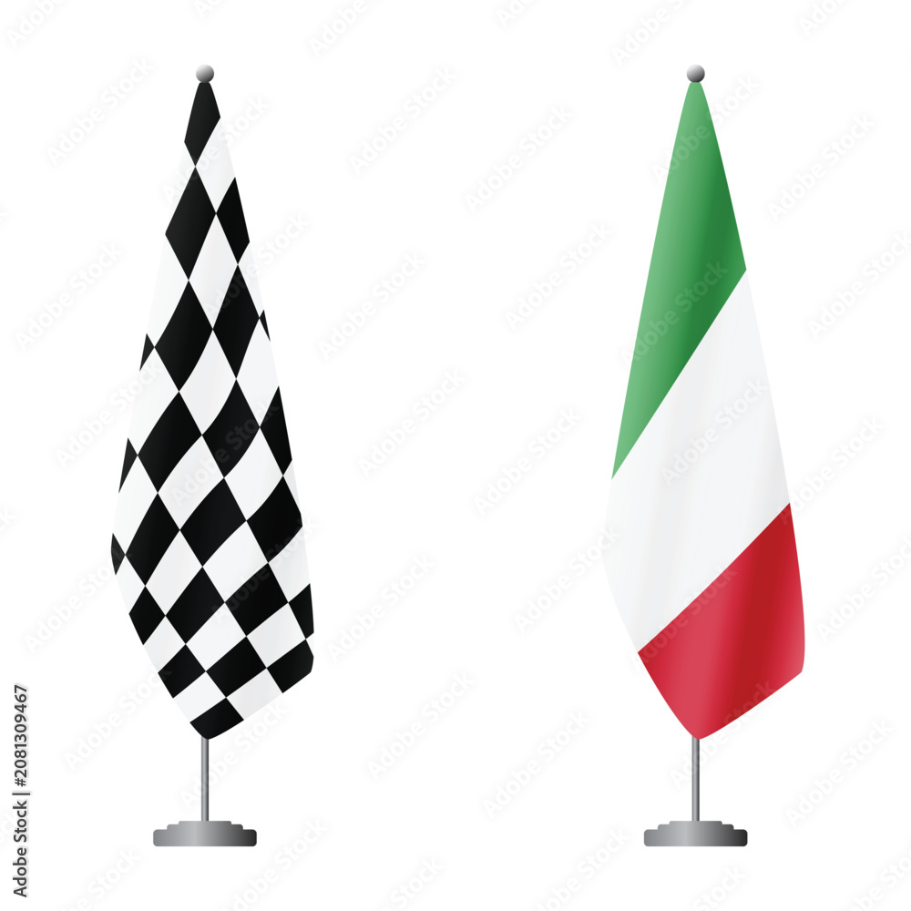 Obraz premium Checkered and Italy flags on flagpoles for official ceremonies and meetings, transparent background vector