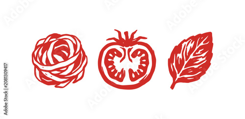 Red linocut icons of pasta tomato and basil for Mediterranean food branding