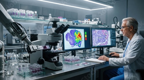 Automated pathology lab with a robotic slide handler moving a stained tissue slide under a microscope, a digital monitor showing Gleason grade heat maps, and an older pathologist reviewing results on