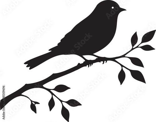 Black Sparrow Bird Silhouette Sitting on Tree Branch Vector Icon Isolated on White Background