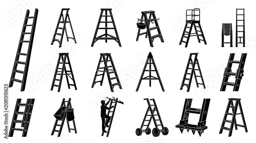 Construction and Work Ladders Black and White Silhouette Glyphs Icon Set - Home Improvement  Safety Tools