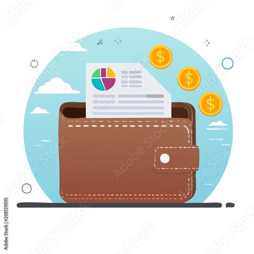 Wallet with coins and financial chart illustration