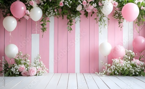Pink and white wooden wall backdrop with balloons and flowers. Romantic photo studio backdrop featuring flowers and balloons.