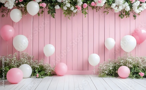 Vertical pink and white wood planks with party decorations. Elegant party stage decoration with floral hangings and balloons.