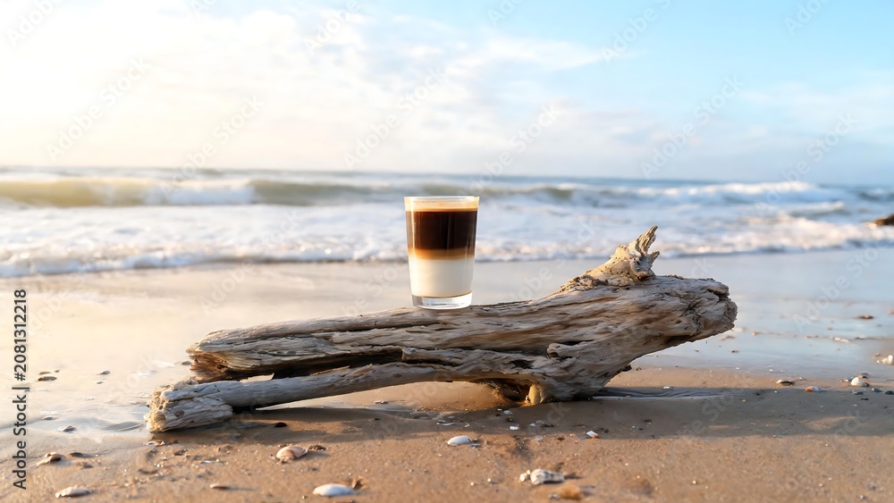 Fototapeta premium Layered coffee glass on driftwood at a scenic beach with ocean waves