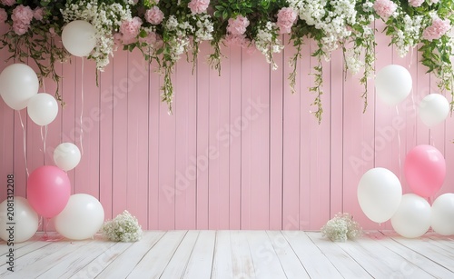 Pastel pink celebration background with white flowers and balloons.