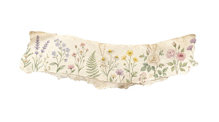 Delicate watercolor floral bouquet on torn antique parchment paper scrap for nature-inspired design elements