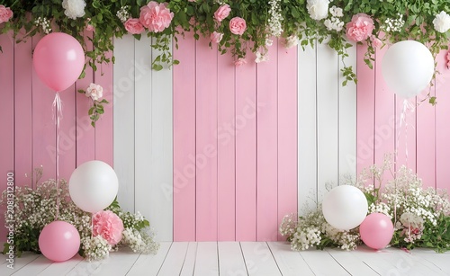 Minimalist pink and white striped party backdrop design. Professional studio background with wooden floor and balloon decor.