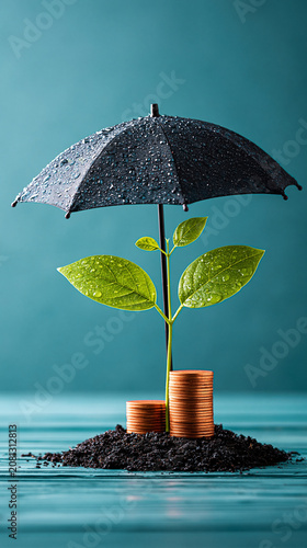 A small plant growing from soil atop stacked coins, protected by a black umbrella, symbolizing financial growth and investment protection.