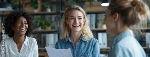 Three women laughing together in a office setting