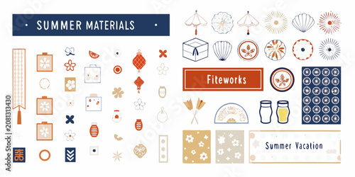 japanese summer assets collection flat vector fan lantern flower pattern icon design element vacation travel festival