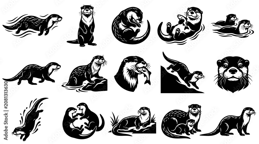 Obraz premium Black and white otter illustrations, vector icons, and stylized drawings
