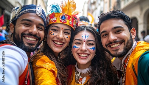 Joyful friends celebrating carnival with vibrant face paint and costumes.