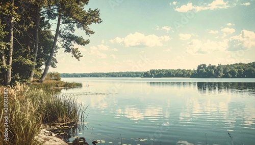 Serene Lake Landscape with Reflections and Forest Backdrop.