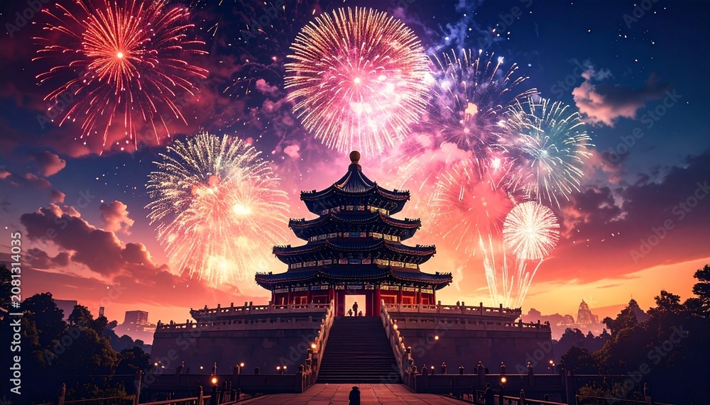 Fototapeta premium Spectacular Fireworks Display Over Traditional Chinese Architecture at Night.