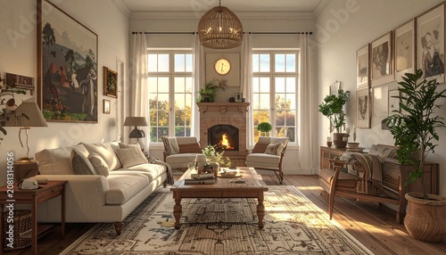 Sunlit Living Room Interior with Fireplace and Cozy Decor.