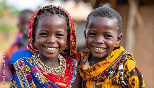 Two smiling African children in traditional clothing, radiating joy.