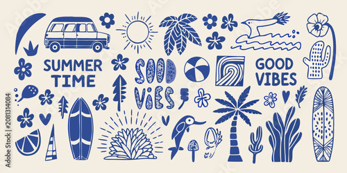 Photos summer time retro hand drawn vector illustrations van sun palm tree flower surfb