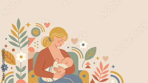 Mother nursing baby in a sunny blooming field for World Breastfeeding Week