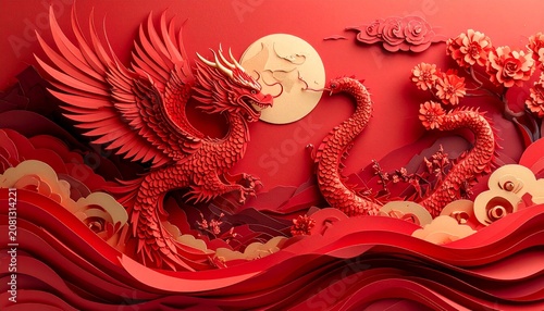 Vibrant Red Phoenix and Dragon Art - A Celebration of Chinese Culture.